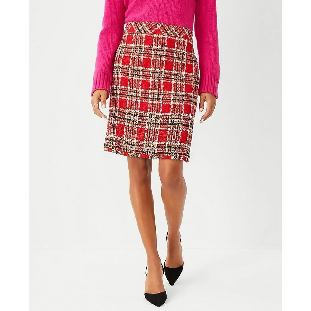 Ann Taylor Plaid Fringe Tweed Skirt Classic Red 578511 Sz 4 Top Of Knee NWOT - Picture 13 of 16